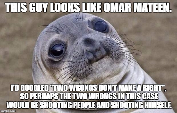 Link's in a comment below. | THIS GUY LOOKS LIKE OMAR MATEEN. I'D GOOGLED "TWO WRONGS DON'T MAKE A RIGHT", SO PERHAPS THE TWO WRONGS IN THIS CASE WOULD BE SHOOTING PEOPLE AND SHOOTING HIMSELF. | image tagged in memes,awkward moment sealion | made w/ Imgflip meme maker