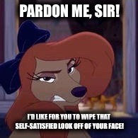 I'd Like For You To Wipe Off That Self-Satisfied Look Off Of Your Face! | PARDON ME, SIR! I'D LIKE FOR YOU TO WIPE THAT SELF-SATISFIED LOOK OFF OF YOUR FACE! | image tagged in dixie,memes,disney,the fox and the hound 2,reba mcentire,dog | made w/ Imgflip meme maker