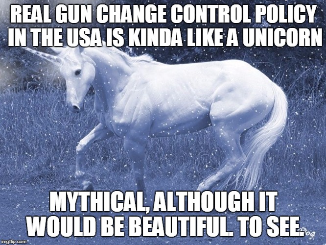 unicorn | REAL GUN CHANGE CONTROL POLICY IN THE USA IS KINDA LIKE A UNICORN; MYTHICAL, ALTHOUGH IT WOULD BE BEAUTIFUL. TO SEE. | image tagged in unicorn | made w/ Imgflip meme maker
