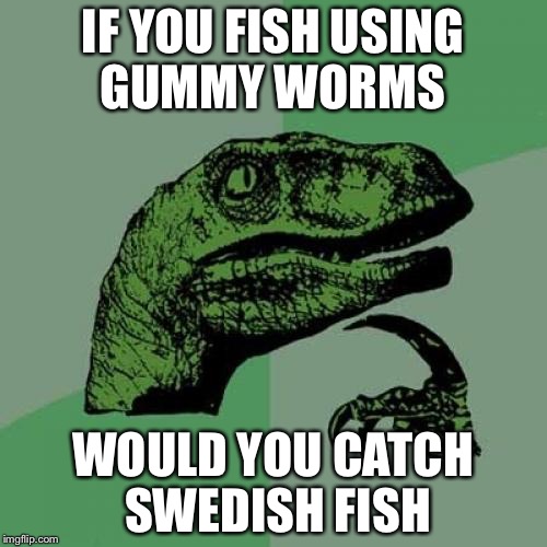 Philosoraptor | IF YOU FISH USING GUMMY WORMS; WOULD YOU CATCH SWEDISH FISH | image tagged in memes,philosoraptor | made w/ Imgflip meme maker