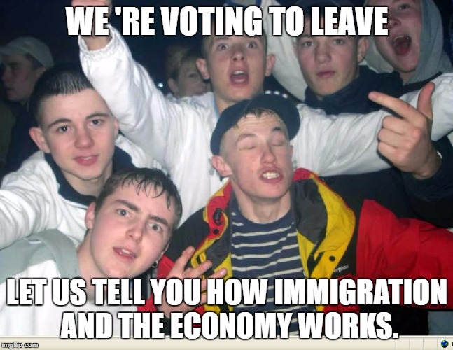 Brexit Chavs | WE 'RE VOTING TO LEAVE; LET US TELL YOU HOW IMMIGRATION AND THE ECONOMY WORKS. | image tagged in brexit,eu,referendum,chavs,leave,remain | made w/ Imgflip meme maker