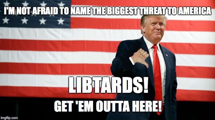 TRUMP TRUTH | I'M NOT AFRAID TO NAME THE BIGGEST THREAT TO AMERICA; LIBTARDS! GET 'EM OUTTA HERE! | image tagged in donald trump,trump 2016,donald trump approves | made w/ Imgflip meme maker