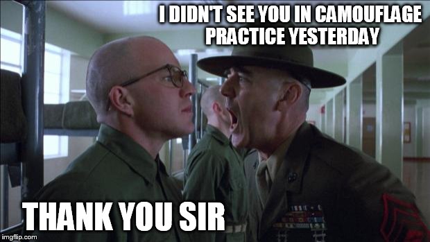 Gunnery Sergeant Hartman | I DIDN'T SEE YOU IN CAMOUFLAGE PRACTICE YESTERDAY; THANK YOU SIR | image tagged in gunnery sergeant hartman | made w/ Imgflip meme maker
