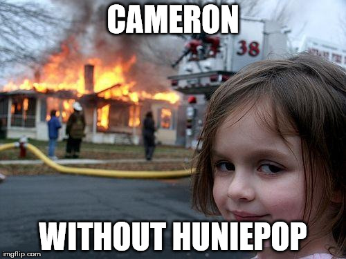 Disaster Girl | CAMERON; WITHOUT HUNIEPOP | image tagged in memes,disaster girl | made w/ Imgflip meme maker