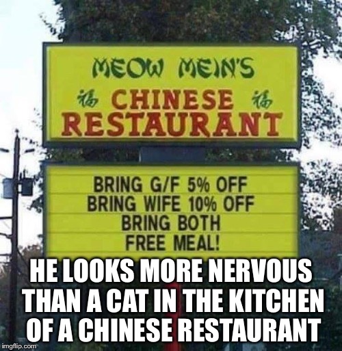 HE LOOKS MORE NERVOUS THAN A CAT IN THE KITCHEN OF A CHINESE RESTAURANT | made w/ Imgflip meme maker