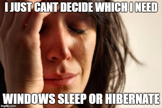 First World Problems | I JUST CANT DECIDE WHICH I NEED; WINDOWS SLEEP OR HIBERNATE | image tagged in memes,first world problems,windows | made w/ Imgflip meme maker