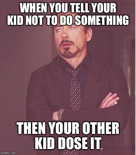 Face You Make Robert Downey Jr | WHEN YOU TELL YOUR KID NOT TO DO SOMETHING; THEN YOUR OTHER KID DOSE IT | image tagged in memes,face you make robert downey jr | made w/ Imgflip meme maker