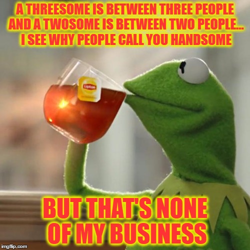 But That's None Of My Business Meme | A THREESOME IS BETWEEN THREE PEOPLE AND A TWOSOME IS BETWEEN TWO PEOPLE... I SEE WHY PEOPLE CALL YOU HANDSOME; BUT THAT'S NONE OF MY BUSINESS | image tagged in memes,but thats none of my business,kermit the frog | made w/ Imgflip meme maker