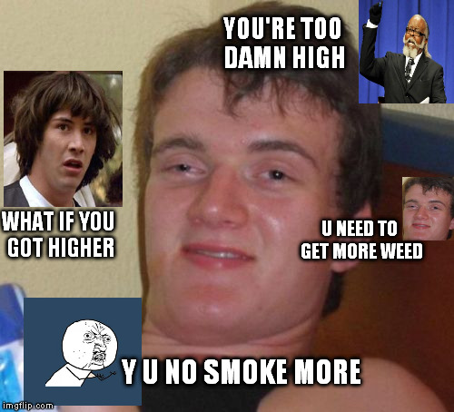 The voices in my head | YOU'RE TOO DAMN HIGH; U NEED TO GET MORE WEED; WHAT IF YOU GOT HIGHER; Y U NO SMOKE MORE | image tagged in memes,10 guy | made w/ Imgflip meme maker
