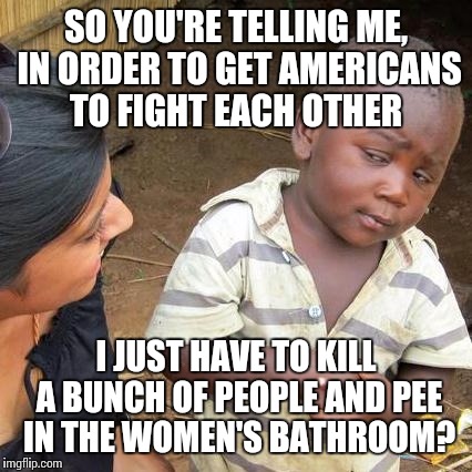 Third World Skeptical Kid | SO YOU'RE TELLING ME, IN ORDER TO GET AMERICANS TO FIGHT EACH OTHER; I JUST HAVE TO KILL A BUNCH OF PEOPLE AND PEE IN THE WOMEN'S BATHROOM? | image tagged in memes,third world skeptical kid | made w/ Imgflip meme maker