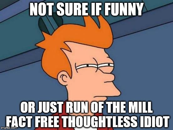 Futurama Fry Meme | NOT SURE IF FUNNY OR JUST RUN OF THE MILL FACT FREE THOUGHTLESS IDIOT | image tagged in memes,futurama fry | made w/ Imgflip meme maker