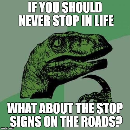 Philosoraptor | IF YOU SHOULD NEVER STOP IN LIFE; WHAT ABOUT THE STOP SIGNS ON THE ROADS? | image tagged in memes,philosoraptor | made w/ Imgflip meme maker