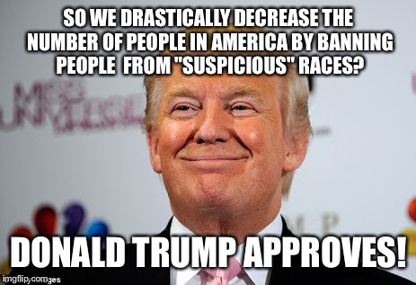 Donald trump approves | SO WE DRASTICALLY DECREASE THE NUMBER OF PEOPLE IN AMERICA BY BANNING PEOPLE
 FROM "SUSPICIOUS" RACES? DONALD TRUMP APPROVES! | image tagged in donald trump approves | made w/ Imgflip meme maker