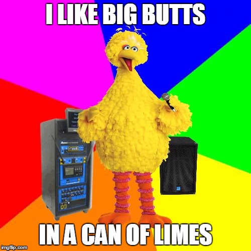 Wrong Lyrics Karaoke Big Bird sings Sir Mix-A-Lot | I LIKE BIG BUTTS; IN A CAN OF LIMES | image tagged in wrong lyrics karaoke big bird,memes,sir mix alot,baby got back,funny,music | made w/ Imgflip meme maker