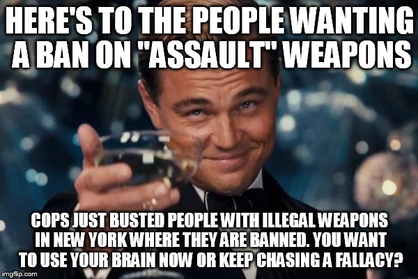 Leonardo Dicaprio Cheers Meme | HERE'S TO THE PEOPLE WANTING A BAN ON "ASSAULT" WEAPONS; COPS JUST BUSTED PEOPLE WITH ILLEGAL WEAPONS IN NEW YORK WHERE THEY ARE BANNED. YOU WANT TO USE YOUR BRAIN NOW OR KEEP CHASING A FALLACY? | image tagged in memes,leonardo dicaprio cheers | made w/ Imgflip meme maker
