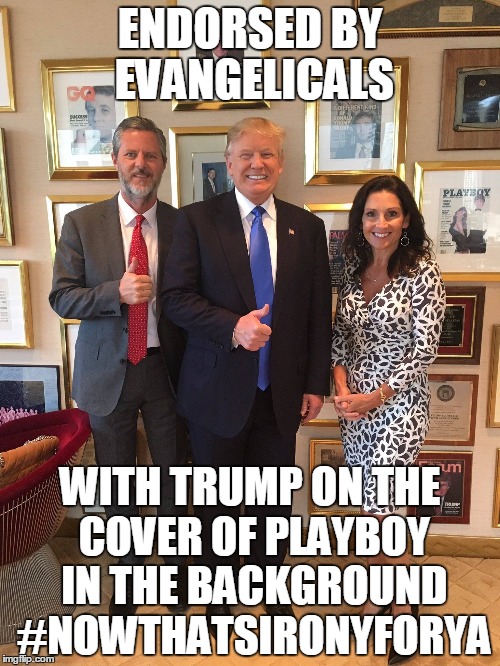 Thumbs Up from Evangelical Leaders with Trump on Playboy Cover in Background | ENDORSED BY EVANGELICALS; WITH TRUMP ON THE COVER OF PLAYBOY IN THE BACKGROUND #NOWTHATSIRONYFORYA | image tagged in trump,evangelical leaders,playboy cover | made w/ Imgflip meme maker