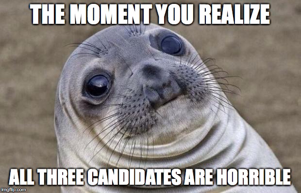 Awkward Moment Sealion | THE MOMENT YOU REALIZE; ALL THREE CANDIDATES ARE HORRIBLE | image tagged in memes,awkward moment sealion | made w/ Imgflip meme maker