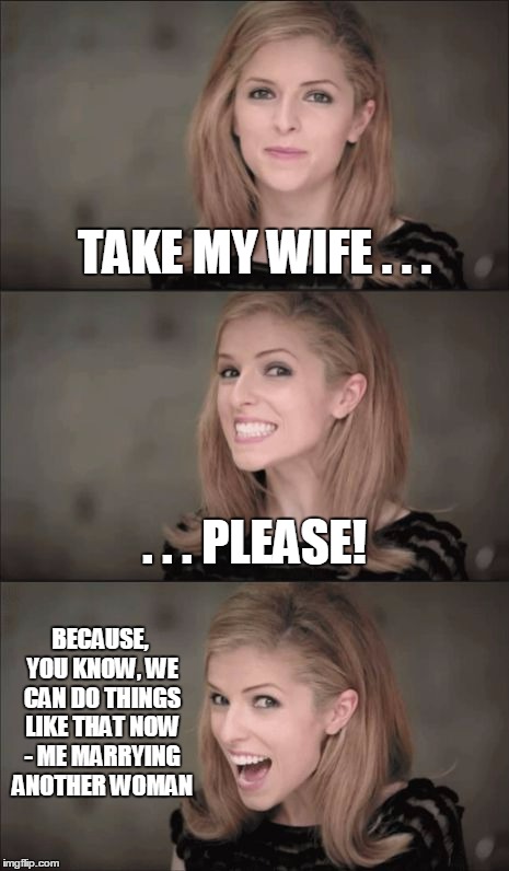 postmodern Anna #5 | TAKE MY WIFE . . . . . . PLEASE! BECAUSE, YOU KNOW, WE CAN DO THINGS LIKE THAT NOW - ME MARRYING ANOTHER WOMAN | image tagged in memes,bad pun anna kendrick | made w/ Imgflip meme maker