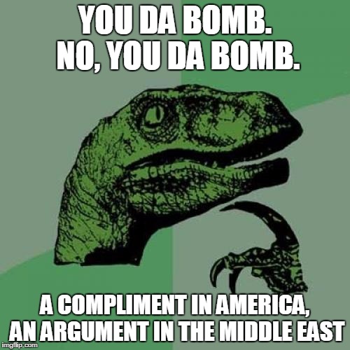 Philosoraptor | YOU DA BOMB. NO, YOU DA BOMB. A COMPLIMENT IN AMERICA, AN ARGUMENT IN THE MIDDLE EAST | image tagged in memes,philosoraptor | made w/ Imgflip meme maker