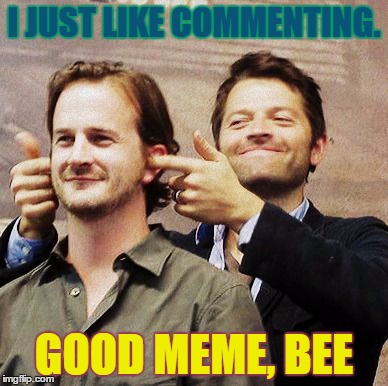Richard Speight Jr and Misha Collins | I JUST LIKE COMMENTING. GOOD MEME, BEE | image tagged in richard speight jr and misha collins | made w/ Imgflip meme maker
