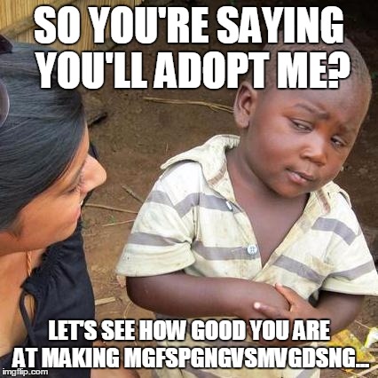 Third World Skeptical Kid | SO YOU'RE SAYING YOU'LL ADOPT ME? LET'S SEE HOW GOOD YOU ARE AT MAKING MGFSPGNGVSMVGDSNG... | image tagged in memes,third world skeptical kid | made w/ Imgflip meme maker