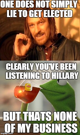 ONE DOES NOT SIMPLY LIE TO GET ELECTED; CLEARLY YOU'VE BEEN LISTENING TO HILLARY; BUT THATS NONE OF MY BUSINESS | image tagged in memes | made w/ Imgflip meme maker