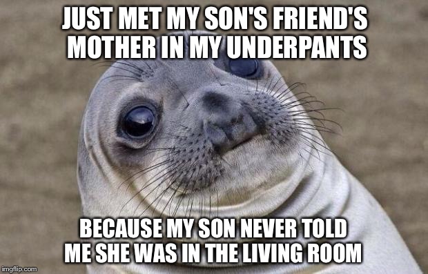 Awkward Moment Sealion | JUST MET MY SON'S FRIEND'S MOTHER IN MY UNDERPANTS; BECAUSE MY SON NEVER TOLD ME SHE WAS IN THE LIVING ROOM | image tagged in memes,awkward moment sealion | made w/ Imgflip meme maker