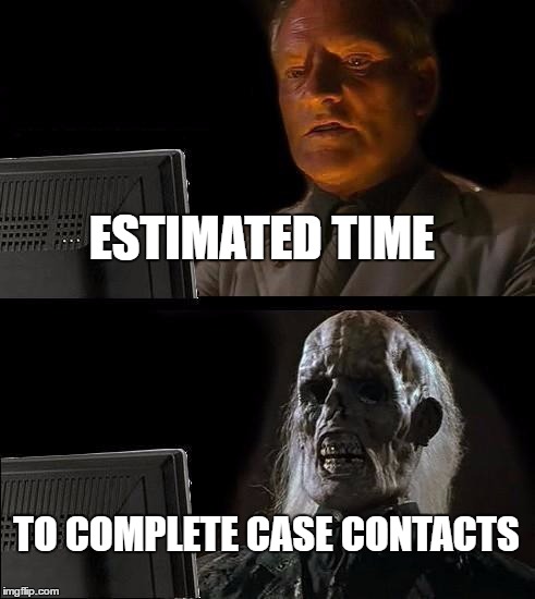 I'll Just Wait Here | ESTIMATED TIME; TO COMPLETE CASE CONTACTS | image tagged in memes,ill just wait here | made w/ Imgflip meme maker