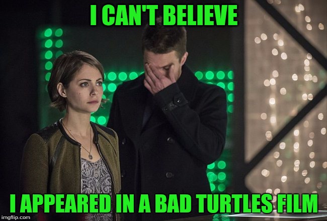 Stephen Amell regrets | I CAN'T BELIEVE; I APPEARED IN A BAD TURTLES FILM | image tagged in stephen amell facepalm arrow dc comics | made w/ Imgflip meme maker