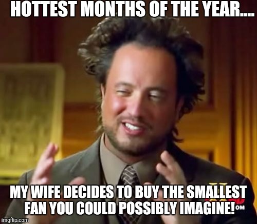 Women know their stuff! | HOTTEST MONTHS OF THE YEAR.... MY WIFE DECIDES TO BUY THE SMALLEST FAN YOU COULD POSSIBLY IMAGINE! | image tagged in memes,ancient aliens | made w/ Imgflip meme maker