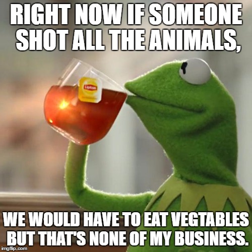 But That's None Of My Business | RIGHT NOW IF SOMEONE SHOT ALL THE ANIMALS, WE WOULD HAVE TO EAT VEGTABLES BUT THAT'S NONE OF MY BUSINESS. | image tagged in memes,but thats none of my business,kermit the frog | made w/ Imgflip meme maker