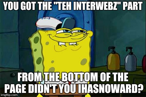 Don't You Squidward Meme | YOU GOT THE "TEH INTERWEBZ" PART FROM THE BOTTOM OF THE PAGE DIDN'T YOU IHASNOWARD? | image tagged in memes,dont you squidward | made w/ Imgflip meme maker