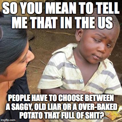 US in a tough spot right now... | SO YOU MEAN TO TELL ME THAT IN THE US; PEOPLE HAVE TO CHOOSE BETWEEN A SAGGY, OLD LIAR OR A OVER-BAKED POTATO THAT FULL OF SHIT? | image tagged in memes,third world skeptical kid,donald trump,hillaryclinton | made w/ Imgflip meme maker
