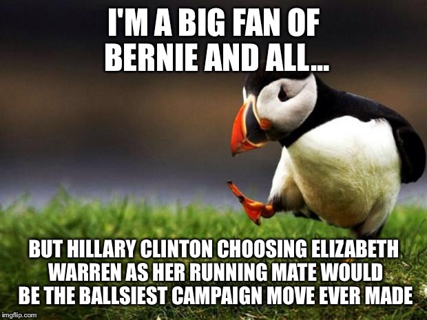 Unpopular Opinion Puffin Meme | I'M A BIG FAN OF BERNIE AND ALL... BUT HILLARY CLINTON CHOOSING ELIZABETH WARREN AS HER RUNNING MATE WOULD BE THE BALLSIEST CAMPAIGN MOVE EVER MADE | image tagged in memes,unpopular opinion puffin | made w/ Imgflip meme maker