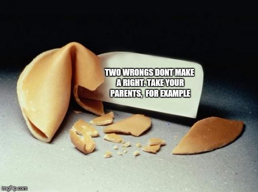 Fortune Cookie | TWO WRONGS DONT MAKE A RIGHT. TAKE YOUR PARENTS,  FOR EXAMPLE | image tagged in fortune cookie | made w/ Imgflip meme maker