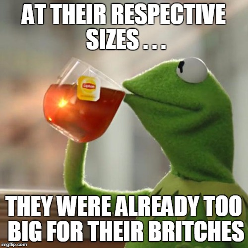 But That's None Of My Business Meme | AT THEIR RESPECTIVE SIZES . . . THEY WERE ALREADY TOO BIG FOR THEIR BRITCHES | image tagged in memes,but thats none of my business,kermit the frog | made w/ Imgflip meme maker