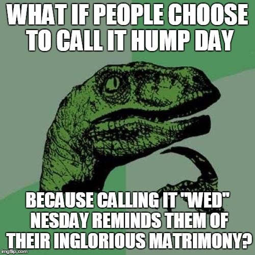 Philosoraptor Meme | WHAT IF PEOPLE CHOOSE TO CALL IT HUMP DAY; BECAUSE CALLING IT "WED" NESDAY REMINDS THEM OF THEIR INGLORIOUS MATRIMONY? | image tagged in memes,philosoraptor | made w/ Imgflip meme maker