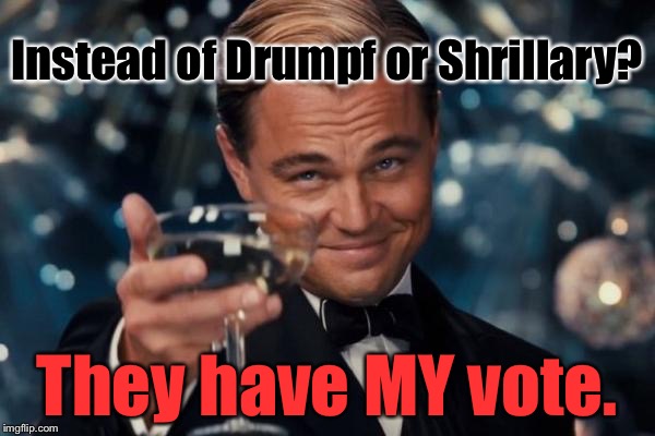 Leonardo Dicaprio Cheers Meme | Instead of Drumpf or Shrillary? They have MY vote. | image tagged in memes,leonardo dicaprio cheers | made w/ Imgflip meme maker