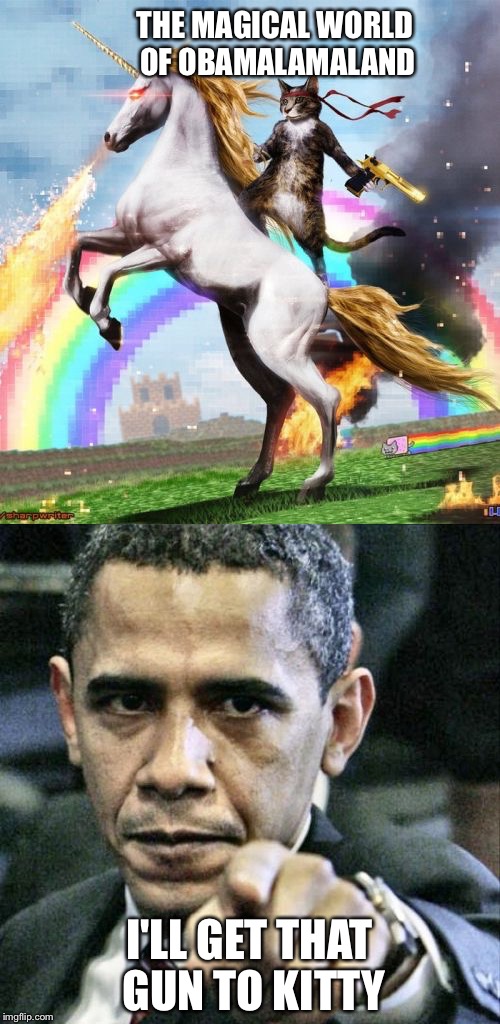 Go away kitty!! It's my pot pie!!! | THE MAGICAL WORLD OF OBAMALAMALAND; I'LL GET THAT GUN TO KITTY | image tagged in memes | made w/ Imgflip meme maker
