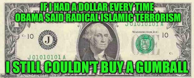dollar | IF I HAD A DOLLAR EVERY TIME OBAMA SAID RADICAL ISLAMIC TERRORISM; I STILL COULDN'T BUY A GUMBALL | image tagged in dollar | made w/ Imgflip meme maker