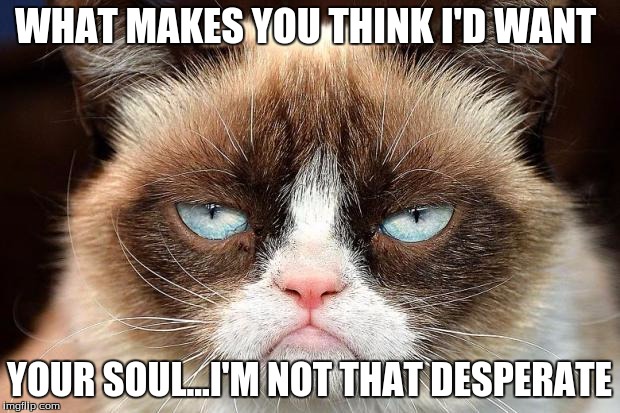 Grumpy Cat Not Amused Meme | WHAT MAKES YOU THINK I'D WANT; YOUR SOUL...I'M NOT THAT DESPERATE | image tagged in grumpy cat not amused | made w/ Imgflip meme maker