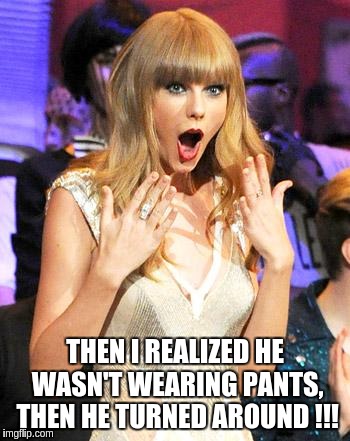 Taylor Swift taking her music off spotify be like | THEN I REALIZED HE WASN'T WEARING PANTS, THEN HE TURNED AROUND !!! | image tagged in taylor swift taking her music off spotify be like | made w/ Imgflip meme maker