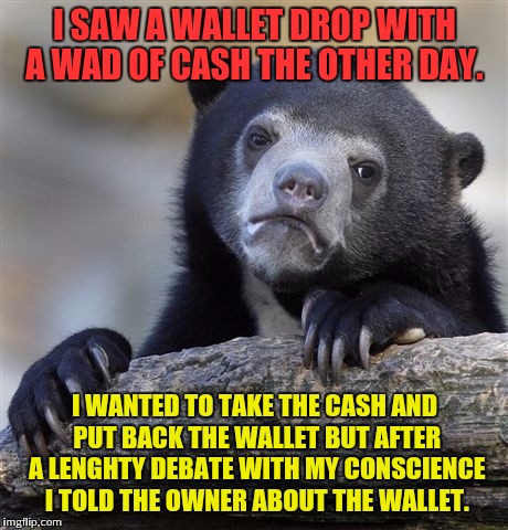 I'm a good person... i think. | I SAW A WALLET DROP WITH A WAD OF CASH THE OTHER DAY. I WANTED TO TAKE THE CASH AND PUT BACK THE WALLET BUT AFTER A LENGHTY DEBATE WITH MY CONSCIENCE I TOLD THE OWNER ABOUT THE WALLET. | image tagged in memes,confession bear | made w/ Imgflip meme maker