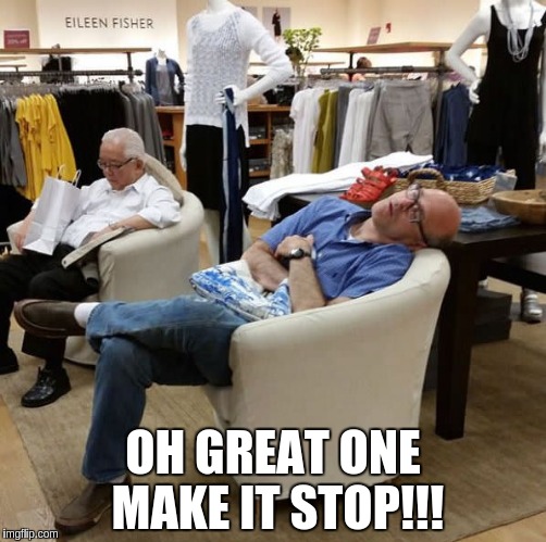 shopping . hell on earth  | OH GREAT ONE MAKE IT STOP!!! | image tagged in shopping | made w/ Imgflip meme maker