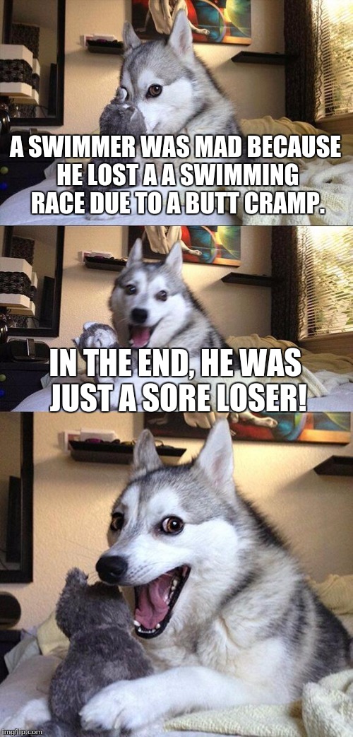 Butt cramps. | A SWIMMER WAS MAD BECAUSE HE LOST A A SWIMMING RACE DUE TO A BUTT CRAMP. IN THE END, HE WAS JUST A SORE LOSER! | image tagged in memes,bad pun dog,funny memes,funny,punz | made w/ Imgflip meme maker