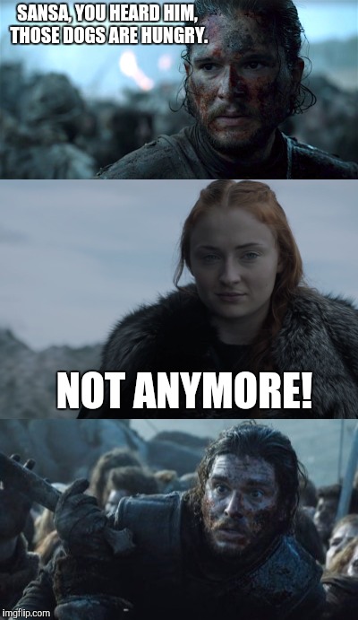 Savage Sansa Stark | SANSA, YOU HEARD HIM, THOSE DOGS ARE HUNGRY. NOT ANYMORE! | image tagged in game of thrones,sansa,sansa stark,stark,jon snow,battle of the bastards | made w/ Imgflip meme maker