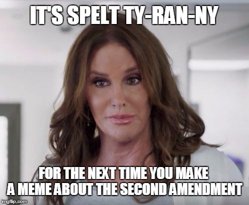 Watch the spelling :) |  IT'S SPELT TY-RAN-NY; FOR THE NEXT TIME YOU MAKE A MEME ABOUT THE SECOND AMENDMENT | image tagged in caitlyn jenner,memes,second amendment,tyrannical,spelling error | made w/ Imgflip meme maker