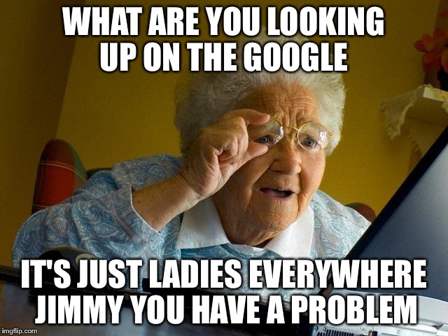 Grandma Finds The Internet | WHAT ARE YOU LOOKING UP ON THE GOOGLE; IT'S JUST LADIES EVERYWHERE JIMMY YOU HAVE A PROBLEM | image tagged in memes,grandma finds the internet | made w/ Imgflip meme maker