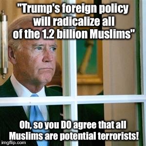 Joe Biden agrees with Trump | "Trump's foreign policy will radicalize all of the 1.2 billion Muslims"; Oh, so you DO agree that all Muslims are potential terrorists! | image tagged in joe biden | made w/ Imgflip meme maker