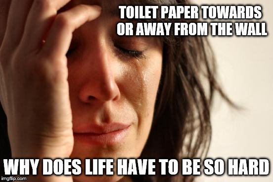First World Problems: Every day we all have to make hard decisions  | TOILET PAPER TOWARDS OR AWAY FROM THE WALL; WHY DOES LIFE HAVE TO BE SO HARD | image tagged in memes,first world problems,funny,decisions,toilet paper | made w/ Imgflip meme maker